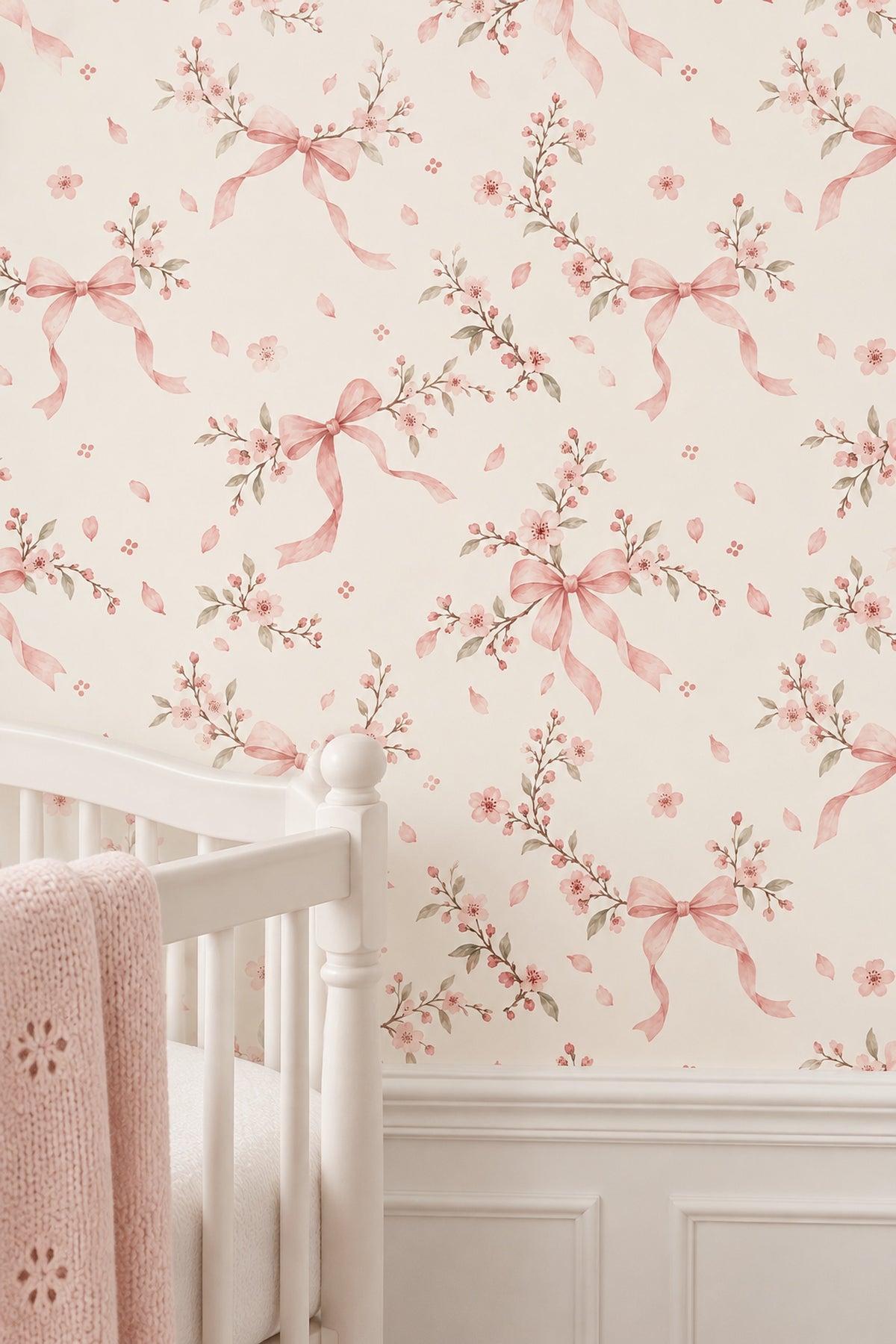 Pink Cherry Blossom Bows Wallpaper Watercolor Pattern On Cream