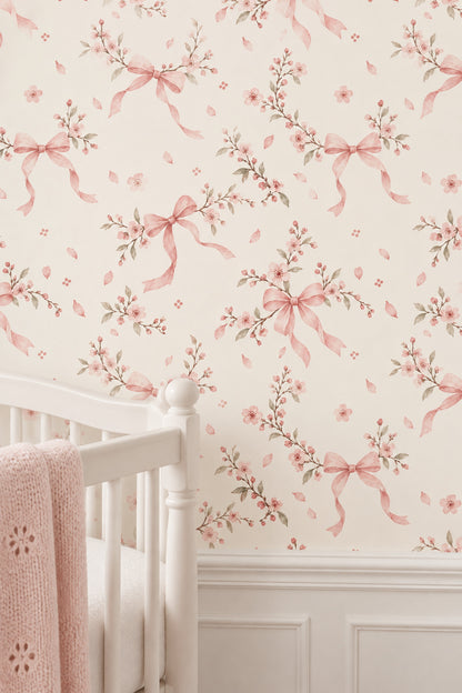 Pink Cherry Blossom Bows Wallpaper Watercolor Pattern On Cream