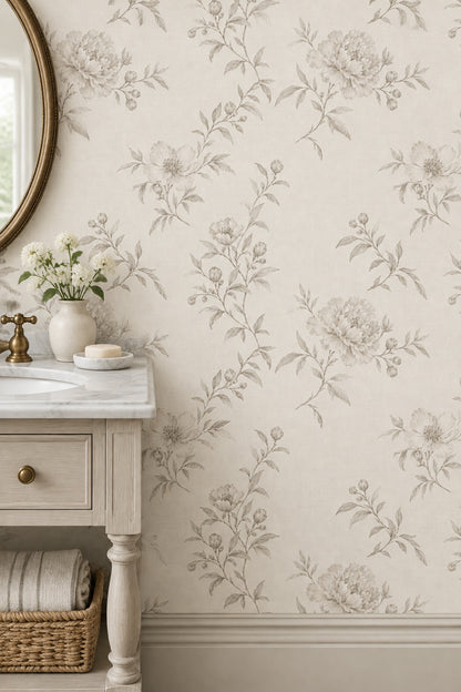 Vintage Inspired Peony Line Art Wallpaper Ivory Beige Linen Texture