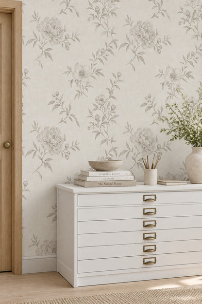Vintage Inspired Peony Line Art Wallpaper Ivory Beige Linen Texture