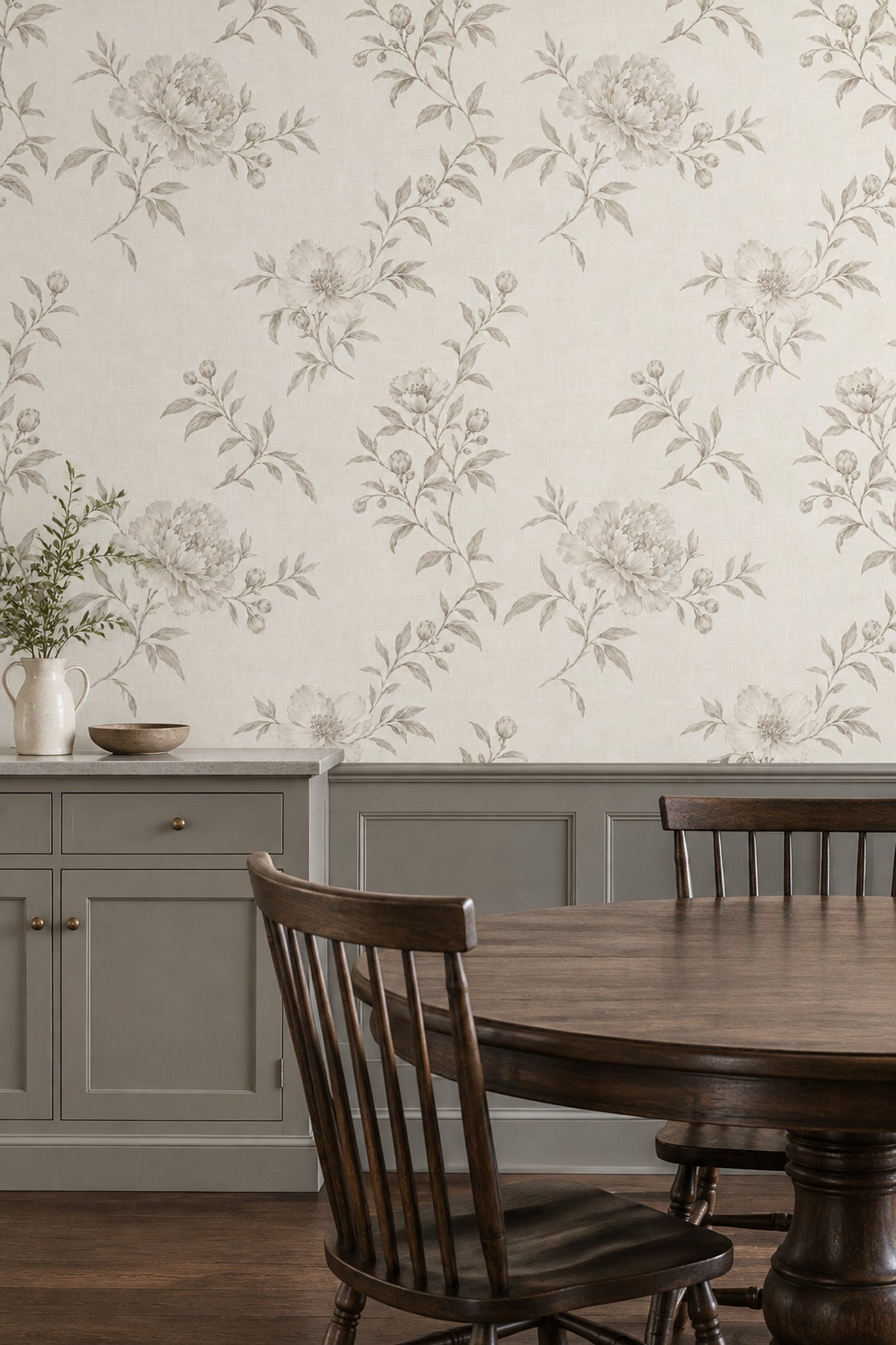 Vintage Inspired Peony Line Art Wallpaper Ivory Beige Linen Texture