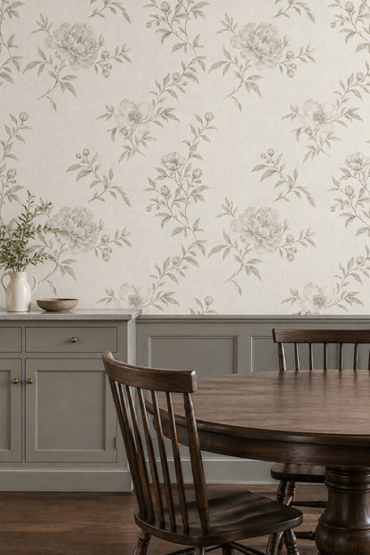 Vintage Inspired Peony Line Art Wallpaper Ivory Beige Linen Texture