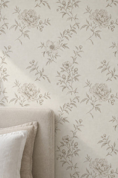 Vintage Inspired Peony Line Art Wallpaper Ivory Beige Linen Texture