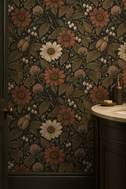 Vintage Inspired Daisy Floral Wallpaper Dark Charcoal With Muted Green Leaves