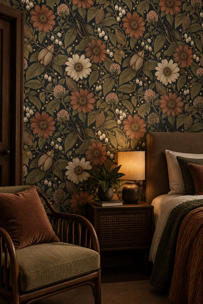 Vintage Inspired Daisy Floral Wallpaper Dark Charcoal With Muted Green Leaves