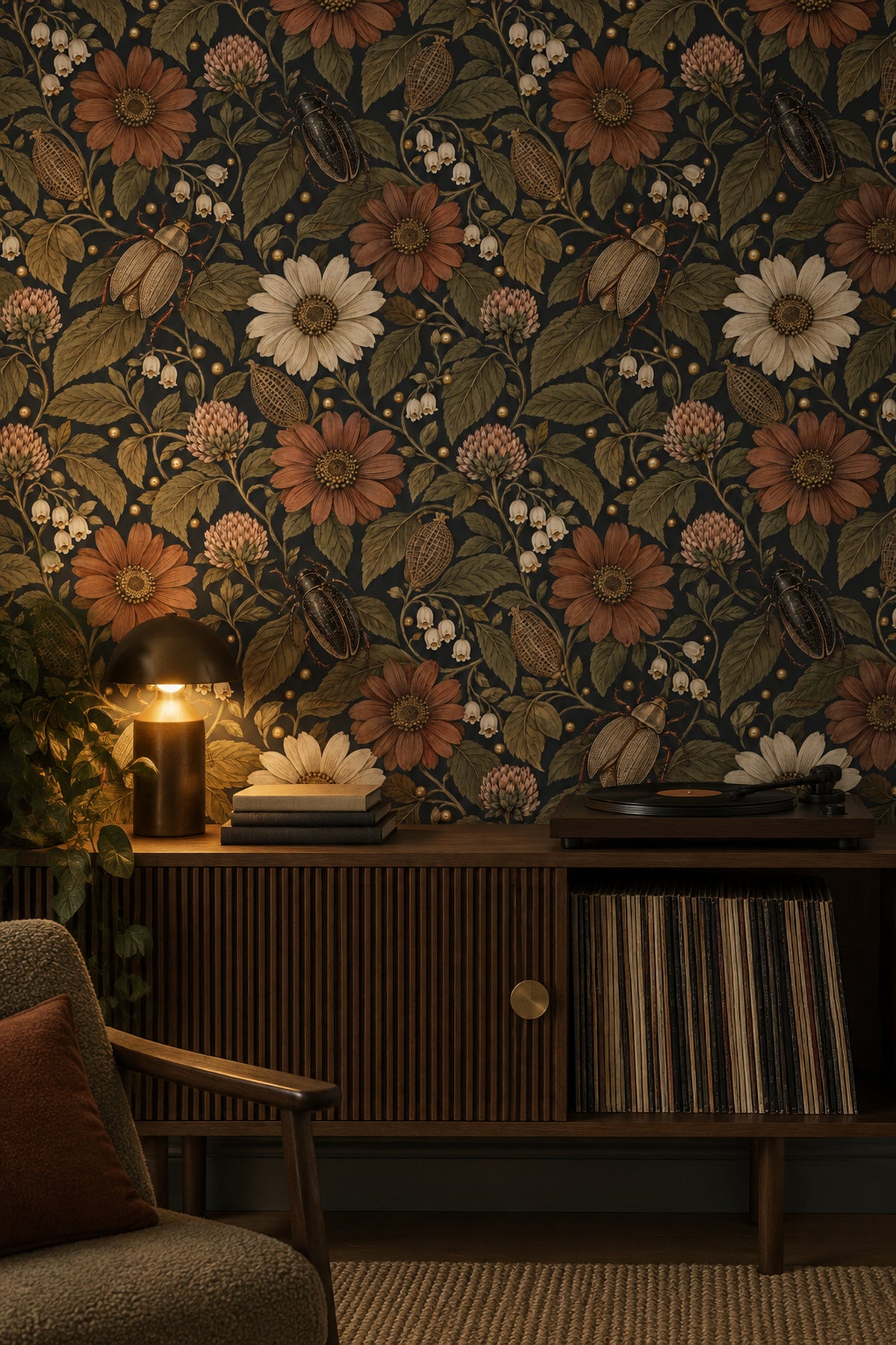 Vintage Inspired Daisy Floral Wallpaper Dark Charcoal With Muted Green Leaves