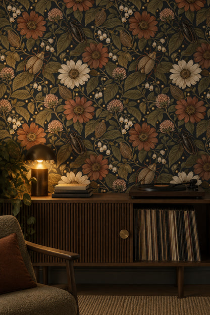 Vintage Inspired Daisy Floral Wallpaper Dark Charcoal With Muted Green Leaves