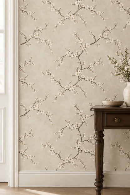 White Cherry Blossom Branches Wallpaper Cream Beige Background