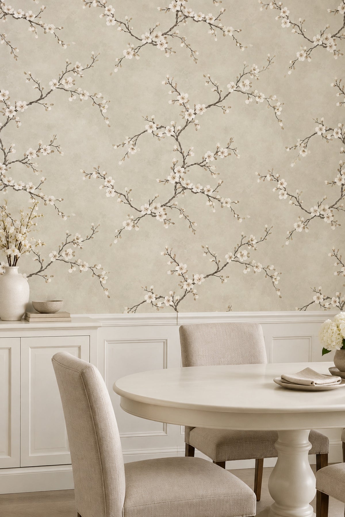 White Cherry Blossom Branches Wallpaper Cream Beige Background