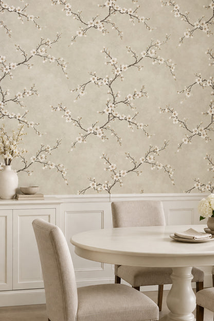 White Cherry Blossom Branches Wallpaper Cream Beige Background