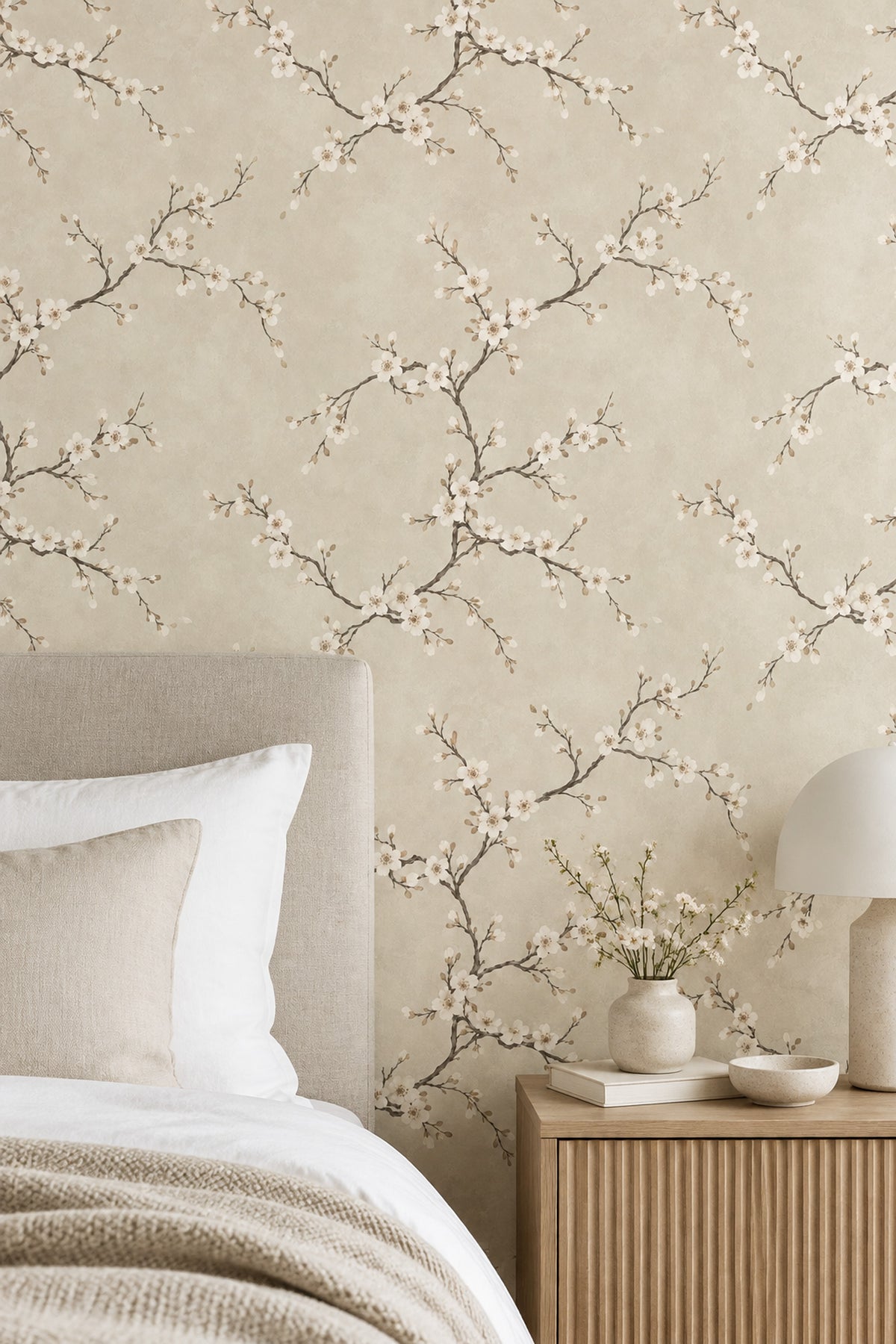 White Cherry Blossom Branches Wallpaper Cream Beige Background