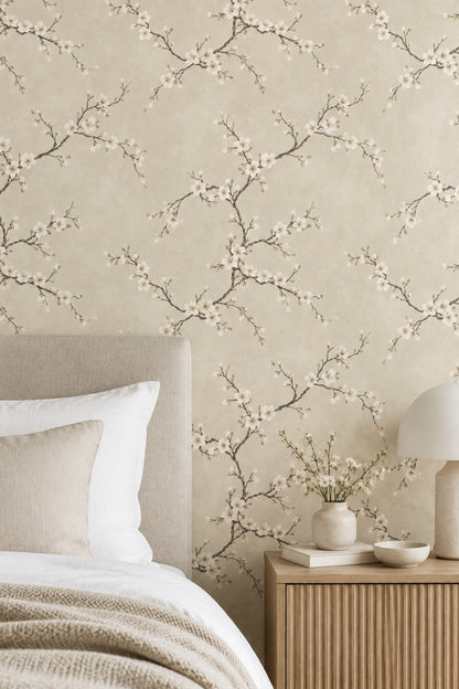 White Cherry Blossom Branches Wallpaper Cream Beige Background