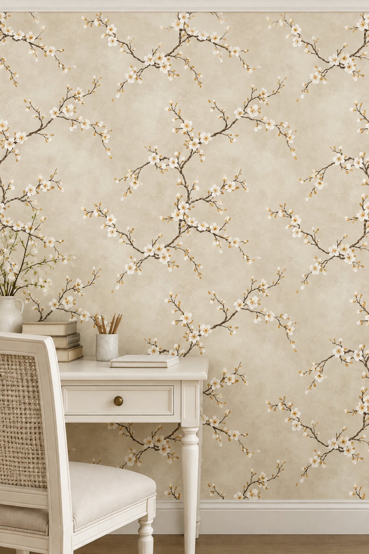 White Blossom Branches Wallpaper Cream Beige Watercolor