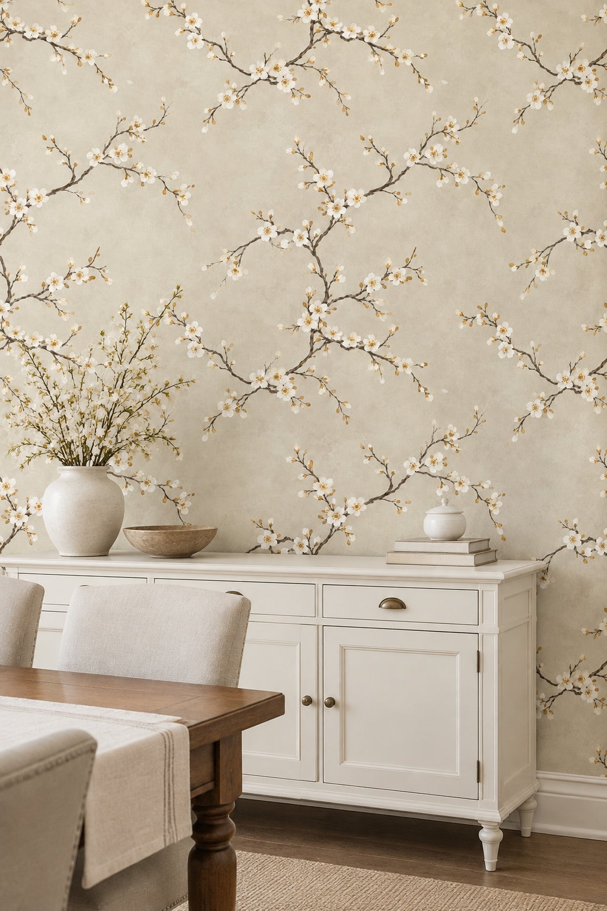White Blossom Branches Wallpaper Cream Beige Watercolor