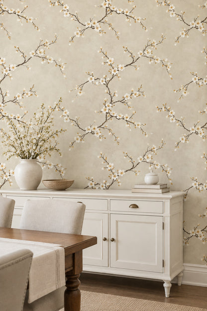 White Blossom Branches Wallpaper Cream Beige Watercolor