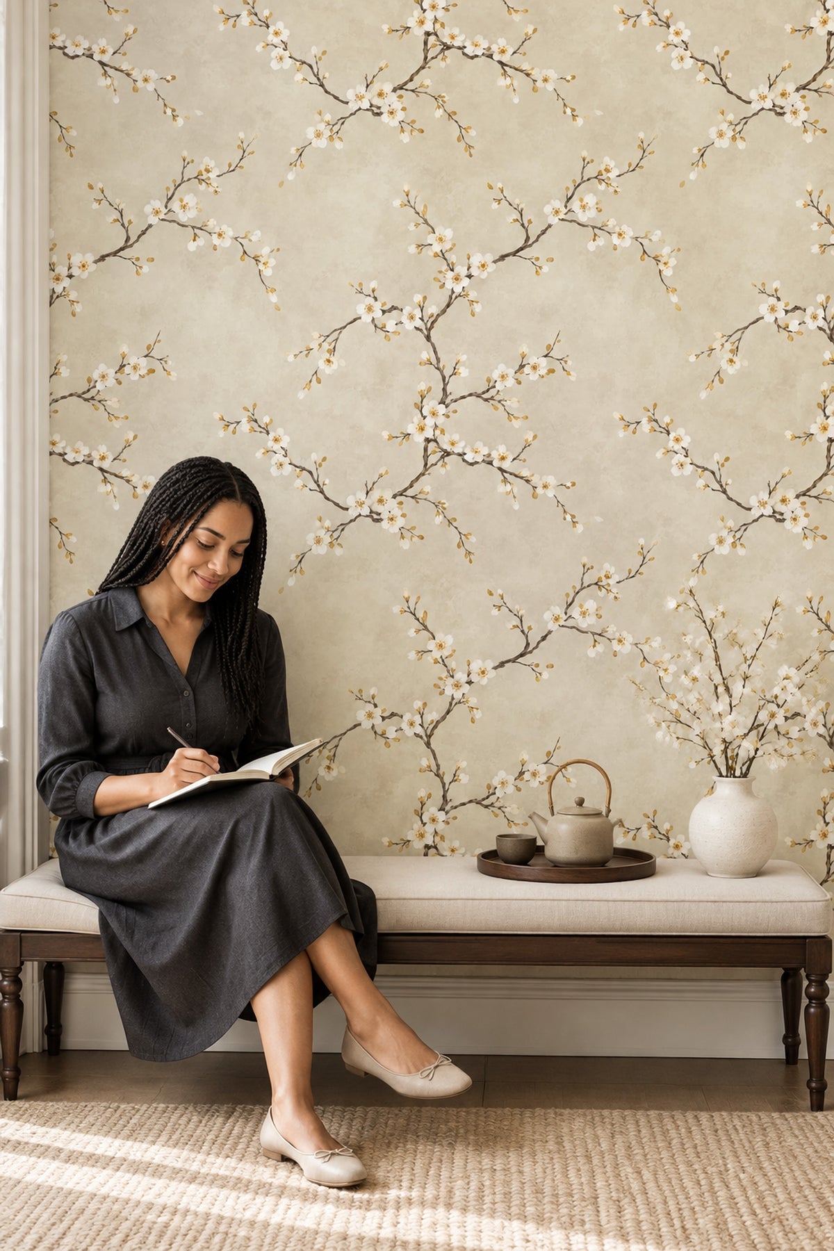 White Blossom Branches Wallpaper Cream Beige Watercolor
