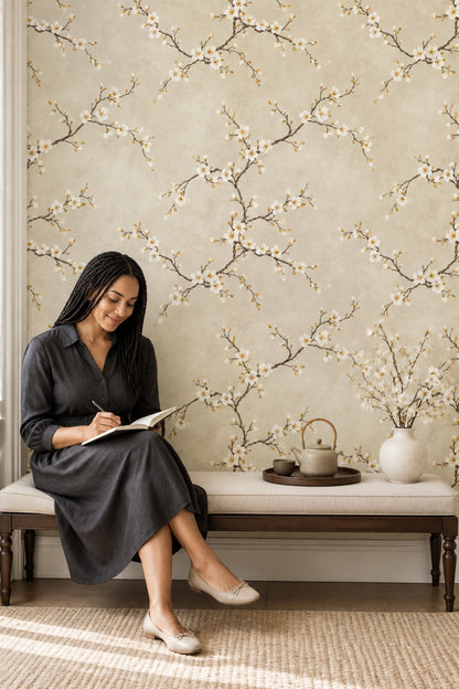 White Blossom Branches Wallpaper Cream Beige Watercolor