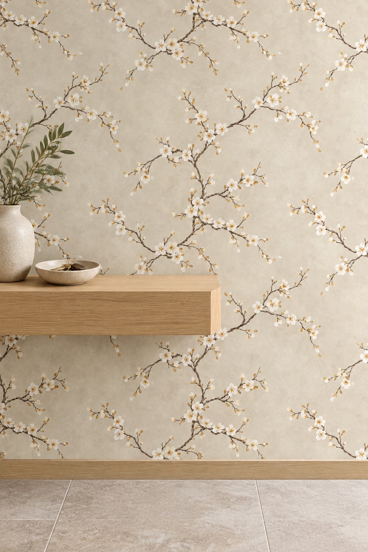 White Blossom Branches Wallpaper Cream Beige Watercolor