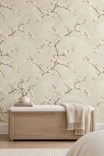 White Blossom Branches Wallpaper Cream Beige Watercolor