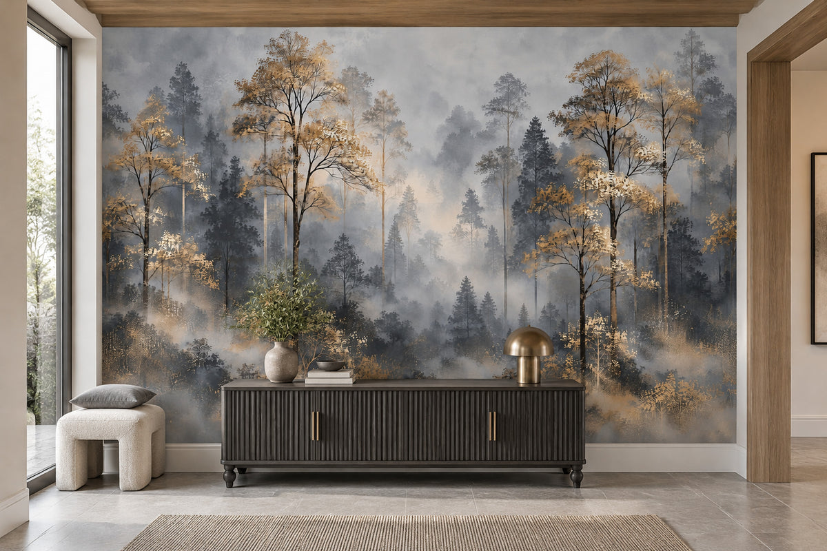 Misty Forest Wallpaper Mural Gray And Gold Watercolor Trees