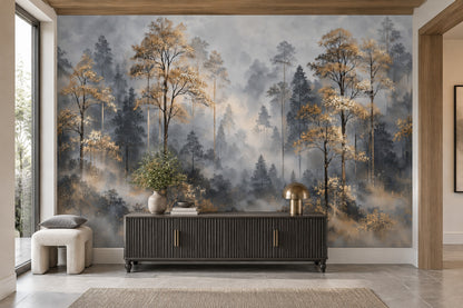 Misty Forest Wallpaper Mural Gray And Gold Watercolor Trees