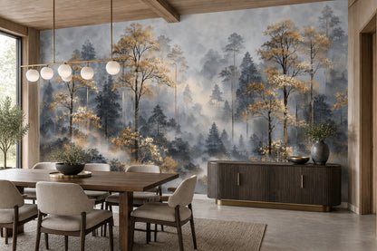 Misty Forest Wallpaper Mural Gray And Gold Watercolor Trees