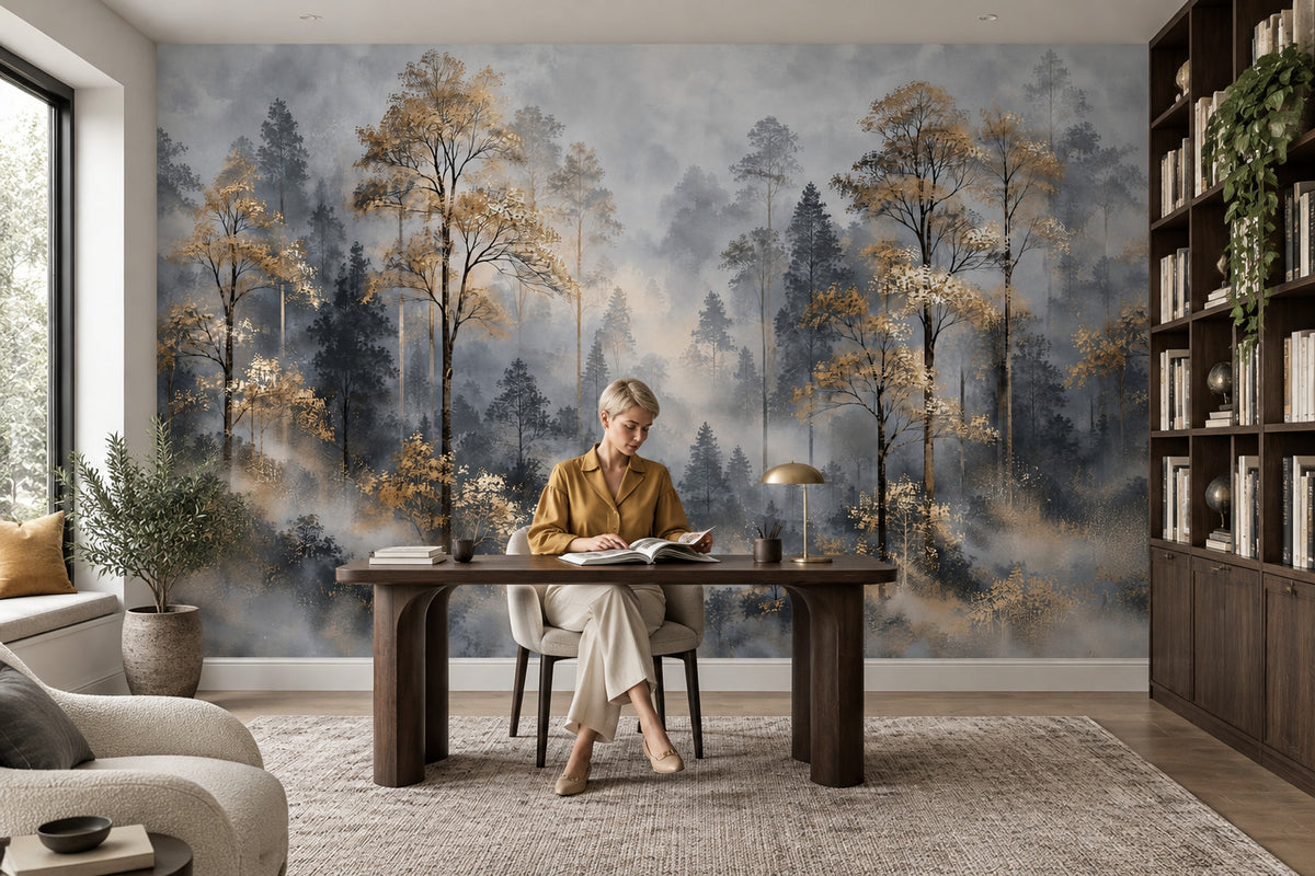Misty Forest Wallpaper Mural Gray And Gold Watercolor Trees