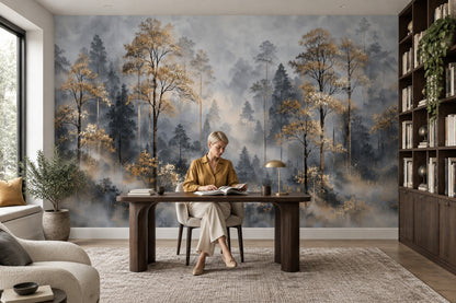 Misty Forest Wallpaper Mural Gray And Gold Watercolor Trees
