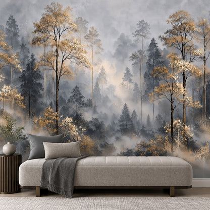 Misty Forest Wallpaper Mural Gray And Gold Watercolor Trees
