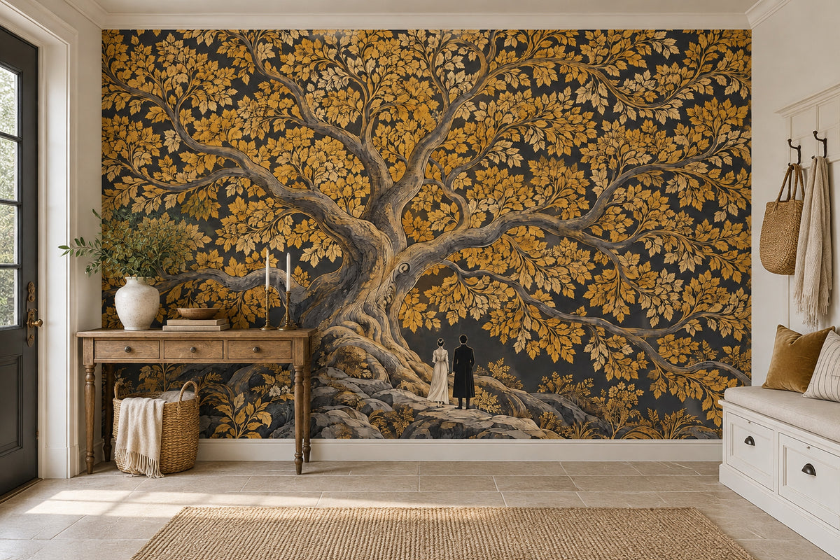 Golden Tree Wallpaper Mural, Dark Vintage Inspired Storybook Illustration