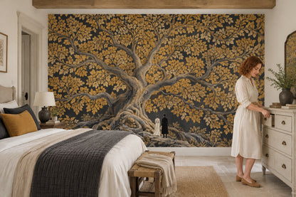 Golden Tree Wallpaper Mural, Dark Vintage Inspired Storybook Illustration