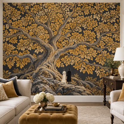 Golden Tree Wallpaper Mural, Dark Vintage Inspired Storybook Illustration