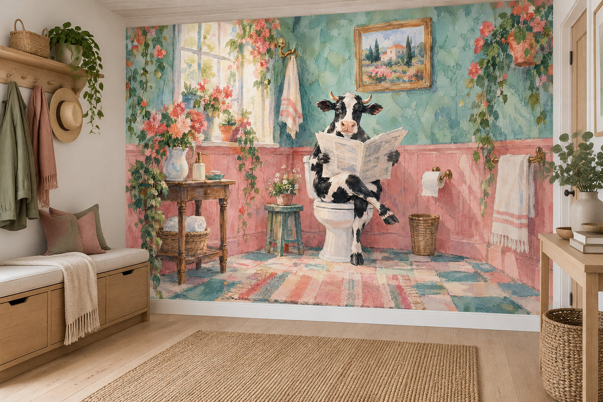 Cow Reading Newspaper Bathroom Wallpaper Mural Watercolor Texture
