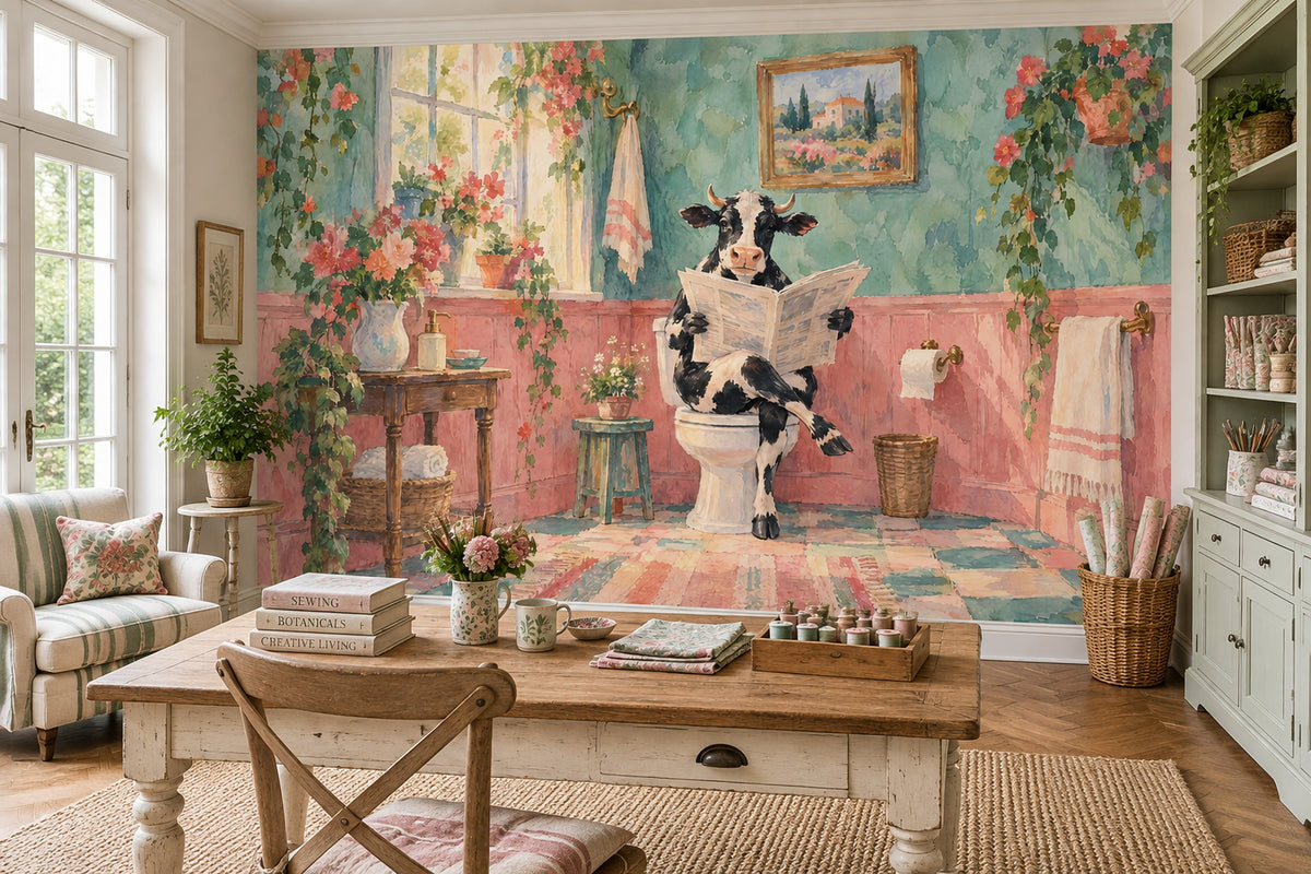 Cow Reading Newspaper Bathroom Wallpaper Mural Watercolor Texture