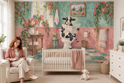 Cow Reading Newspaper Bathroom Wallpaper Mural Watercolor Texture