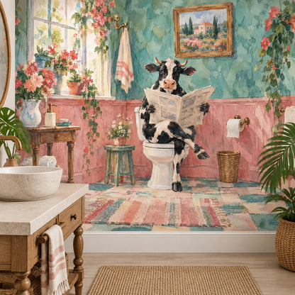 Cow Reading Newspaper Bathroom Wallpaper Mural Watercolor Texture