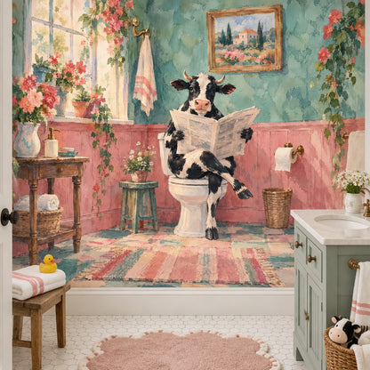 Cow Reading Newspaper Bathroom Wallpaper Mural Watercolor Texture