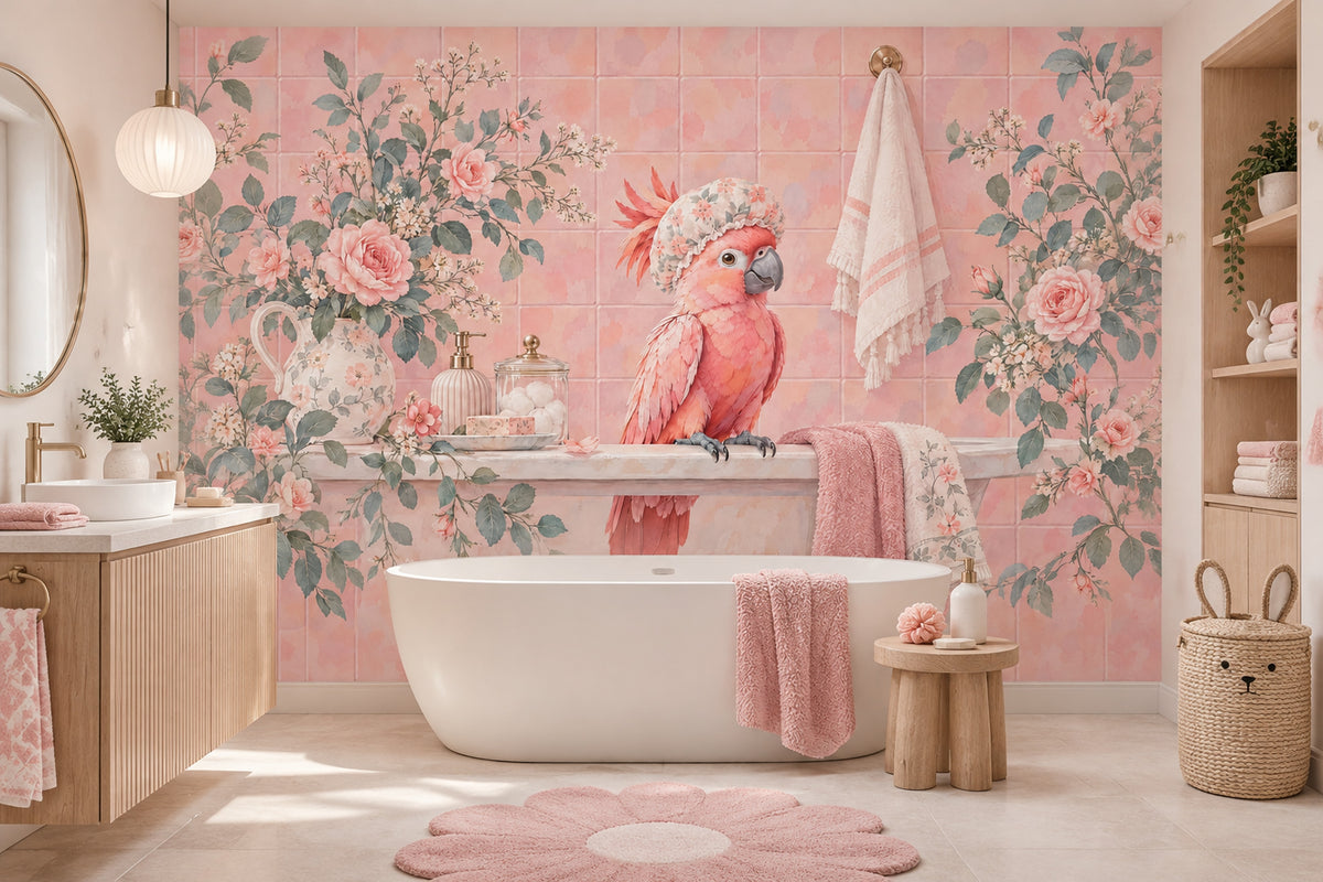 Pink Parrot In Floral Shower Cap Wallpaper Mural Pastel Watercolor Bathroom