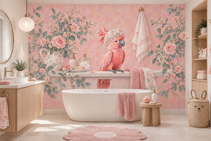 Pink Parrot In Floral Shower Cap Wallpaper Mural Pastel Watercolor Bathroom