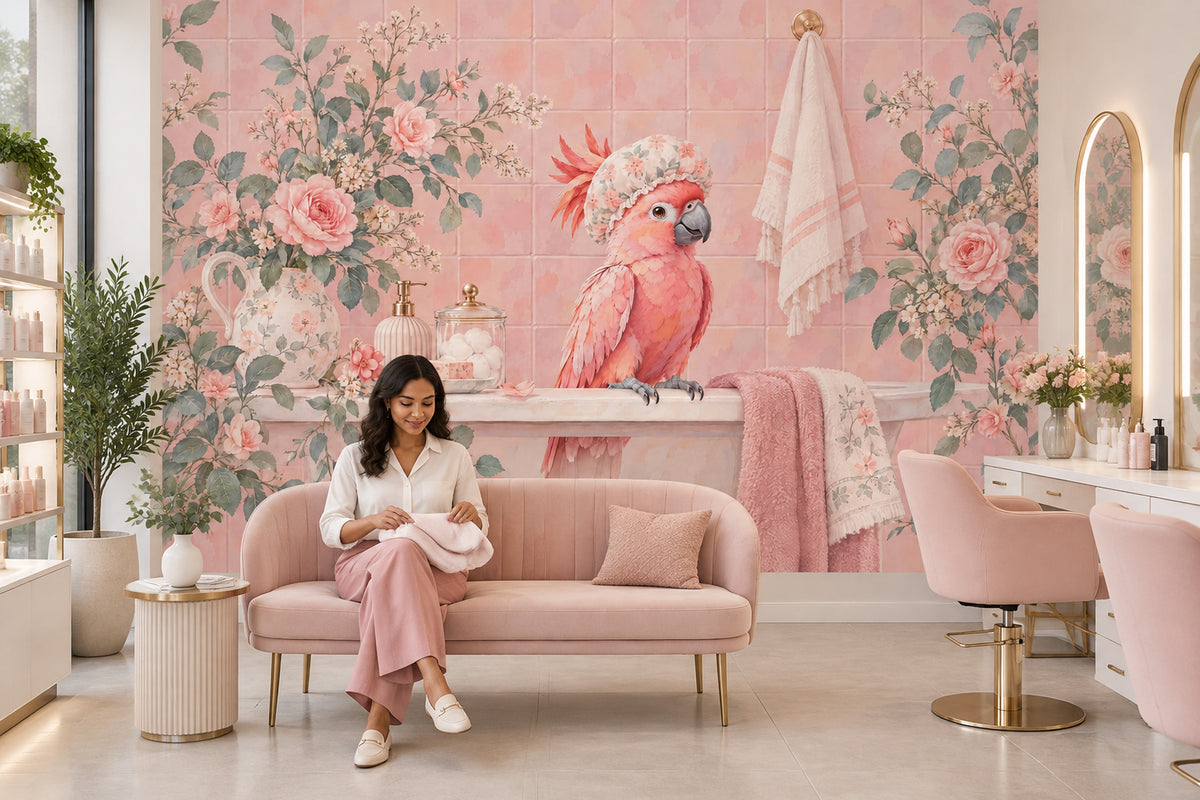 Pink Parrot In Floral Shower Cap Wallpaper Mural Pastel Watercolor Bathroom