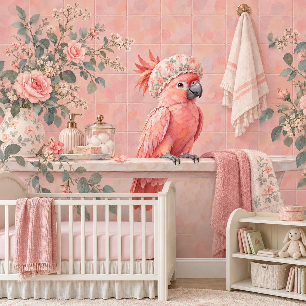 Pink Parrot In Floral Shower Cap Wallpaper Mural Pastel Watercolor Bathroom