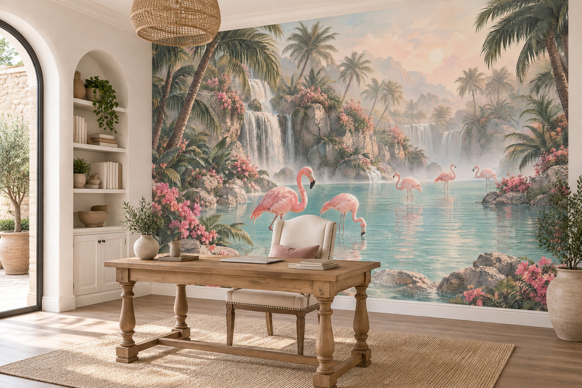 Pink Flamingos Lagoon Wallpaper Mural Pastel Tropical Waterfall Scene