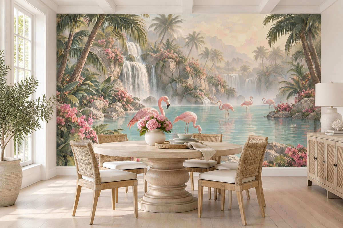 Pink Flamingos Lagoon Wallpaper Mural Pastel Tropical Waterfall Scene