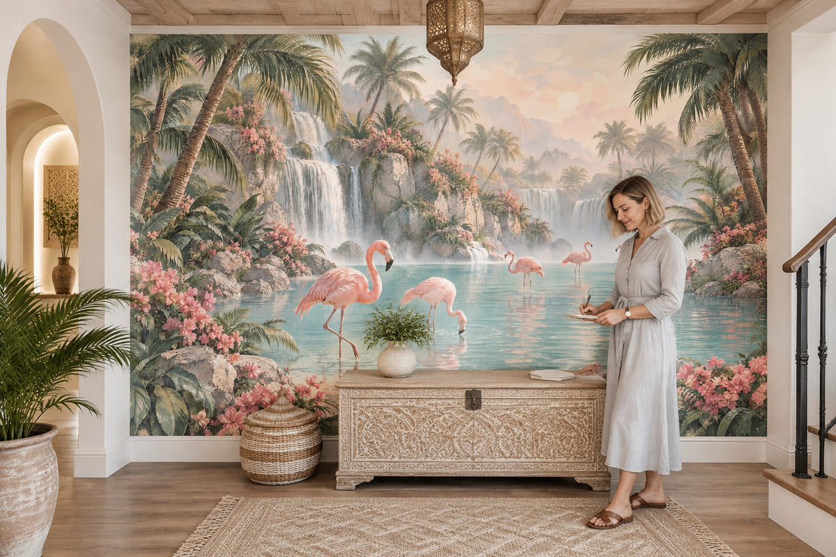 Pink Flamingos Lagoon Wallpaper Mural Pastel Tropical Waterfall Scene