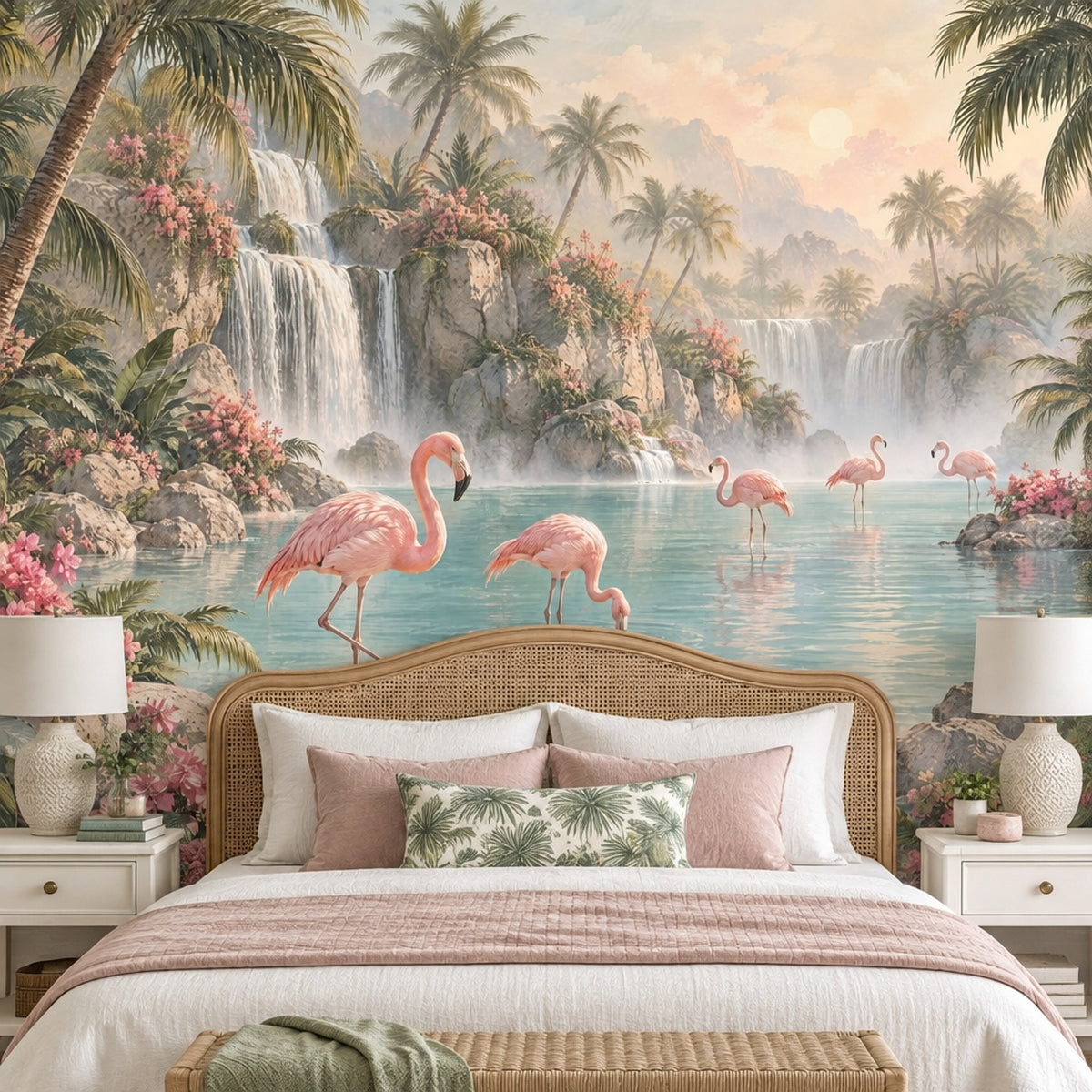 Pink Flamingos Lagoon Wallpaper Mural Pastel Tropical Waterfall Scene