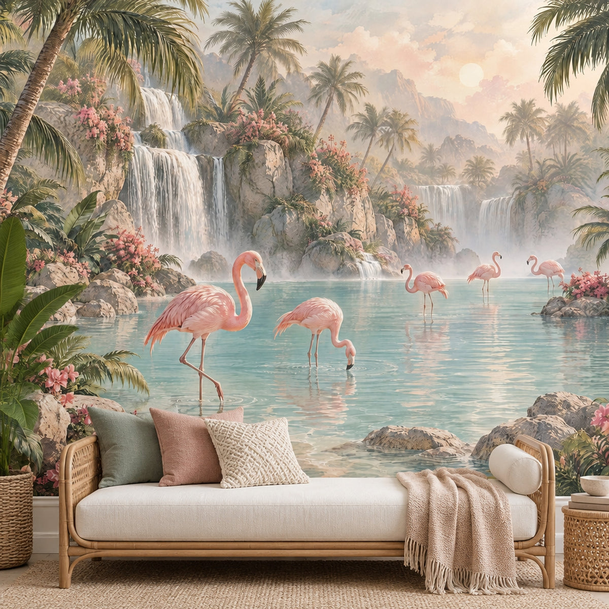 Pink Flamingos Lagoon Wallpaper Mural Pastel Tropical Waterfall Scene