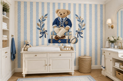 Preppy Teddy Bear Wallpaper Mural Blue Striped Embroidered Look