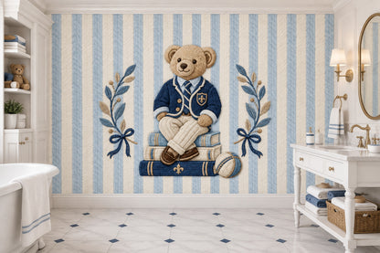 Preppy Teddy Bear Wallpaper Mural Blue Striped Embroidered Look