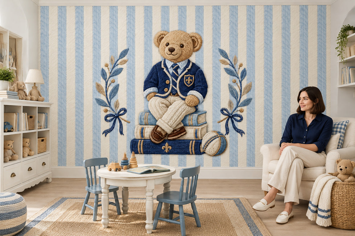 Preppy Teddy Bear Wallpaper Mural Blue Striped Embroidered Look