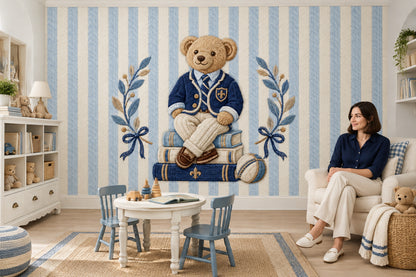 Preppy Teddy Bear Wallpaper Mural Blue Striped Embroidered Look